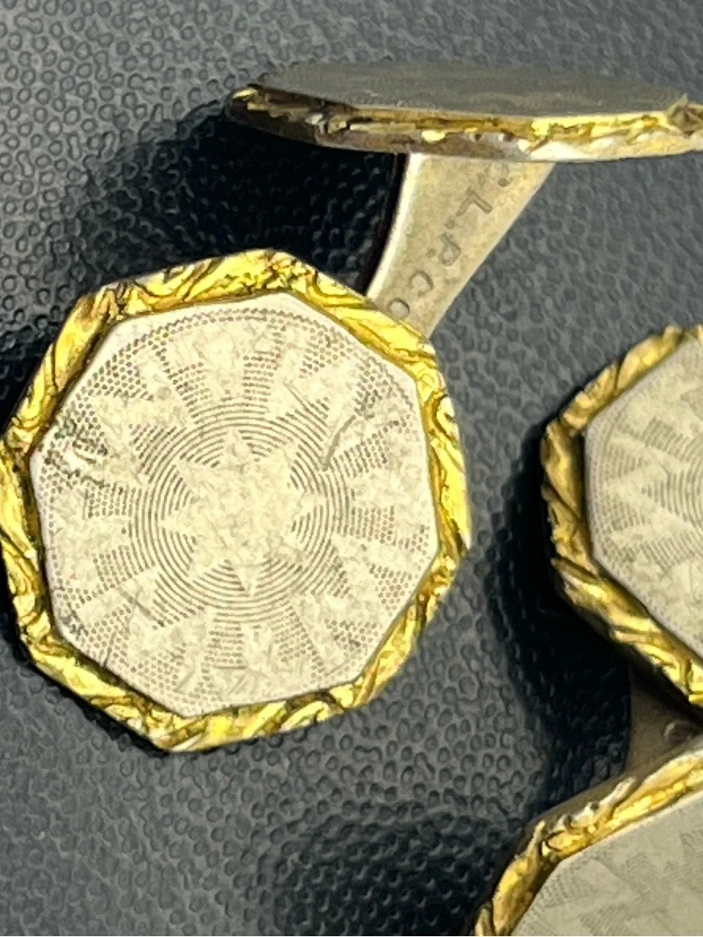 C.L.P. Co Art Deco two tone gold & silver tone engraved design cufflinks vintage